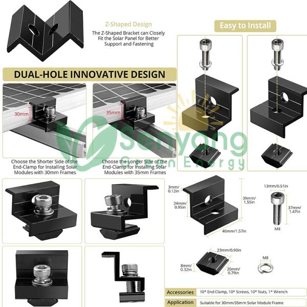 Black Dual-purpose Solar Panel End Clamp with 2 Holes design enabling the dual-solar panel compatibility