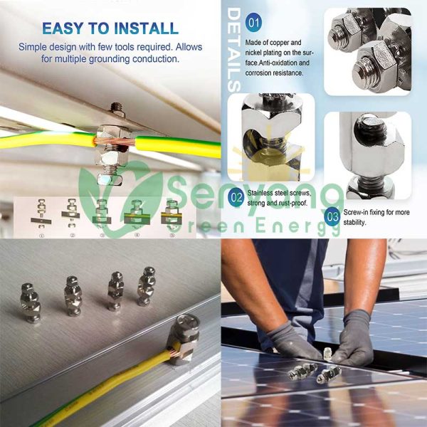 Copper Solar Panel Grounding Lug applications for solar roofs, solar grounds, solar carports, solar vegetable greenhouses
