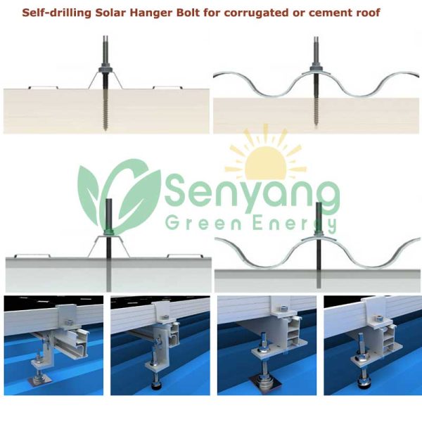 Self-drilling Solar Hanger Bolt for metal or corrugated cement roofs with steel supports Compatible with Solar Mounting Systems