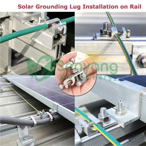 Solar Grounding Lug Installation on Rail designed to ensure electrical safety and protection against lightning strikes and surges