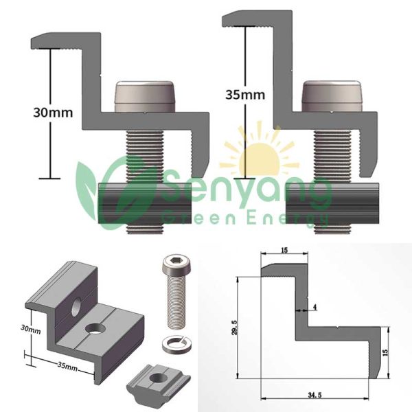 30/35mm Dual-purpose Solar Panel End Clamp accommodates both 30mm and 35mm thick panels, making it adaptable for various solar installations
