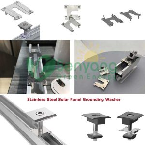 Solar Panel Grounding Washer Solar Grounding Clip has its smart and a variety of designs who is inserted between module frame and mounting rail, the teeth of ground clip pierce the anodized coating well