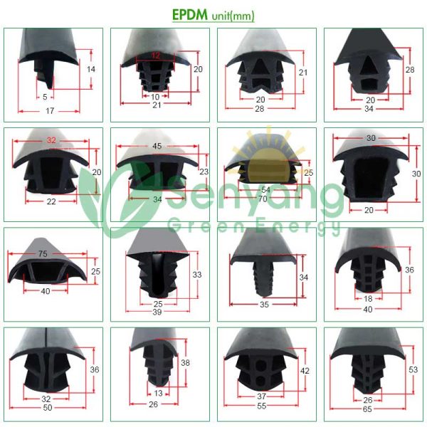 Resistente ao calor, anti-vibração, resistente ao desgaste, tira de vedação de borracha EPDM à prova de água para painel solar para sistema de energia solar elástico altamente modificado resistente aos raios UV, borracha de PVC fabricada a partir de 3 grupos diferentes de matérias-primas, tudo de acordo com as diretrizes da UE, e pode ser colorida por encomenda