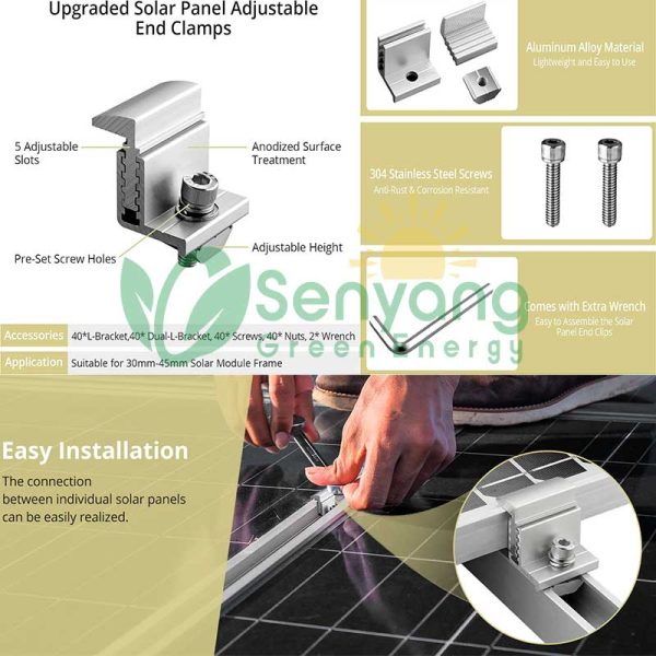 Cost-Effectiveness Versatility Solar Panel Adjustable End Clamp kits hold solar panels firmly at the framed edges. It works in conjunction with mid clamp to offer more stability on rails