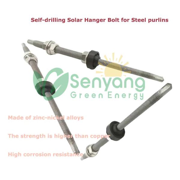 zinc-nickel-alloy Self-drilling Solar Hanger Bolt can drill into the metal sheet and the steel purlin or cement directly, don’t need pre-drill the holes
