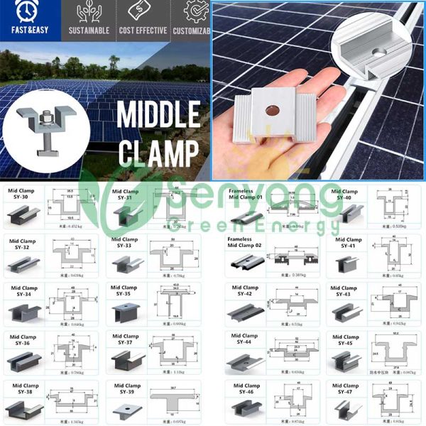 Solar Mid Clamp différentes tailles incluant 30/35/40/45/50mm et plus pour s'adapter aux panneaux solaires