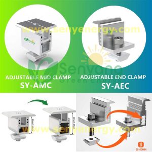 Adjustable solar inter clamps and adjustable solar end clamps Allows installers to use different panel brands/models with varying frame thicknesses on the same project